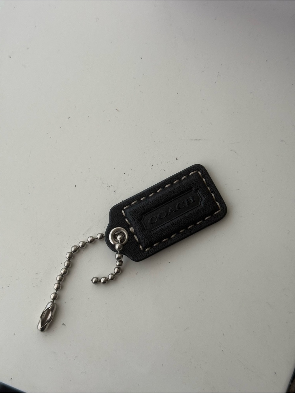 Coach Black Leather Key Tag with Silver Ball Chain